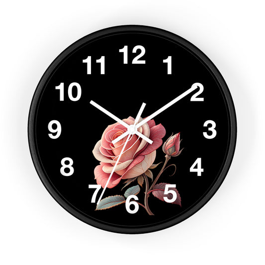 Floral Vintage Wall Clock | Home Decor, Gift for Her, Black Background, Rose Design, Elegant Timepiece