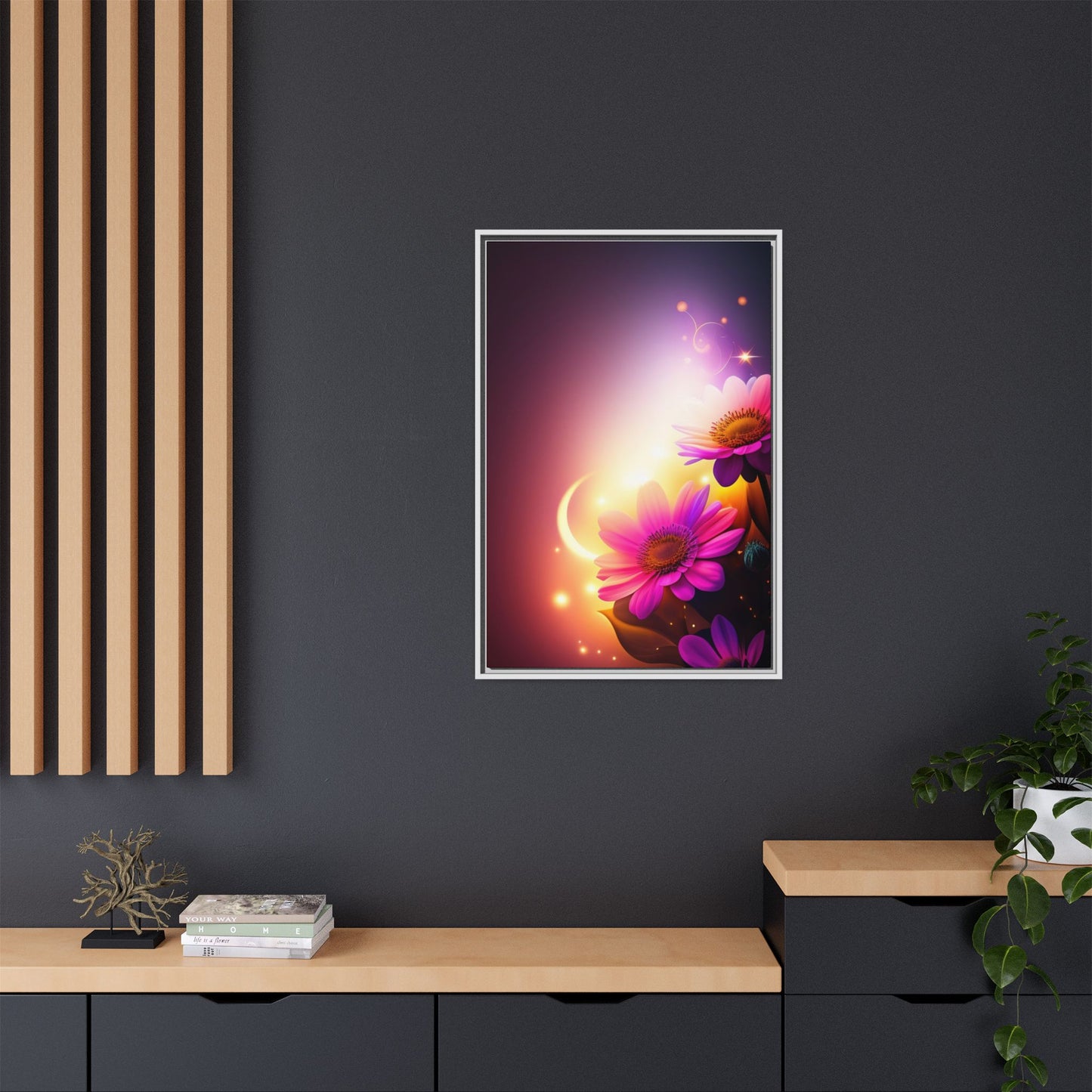 Framed Floral Canvas Art — Pink Daisies Sunset Wall Print