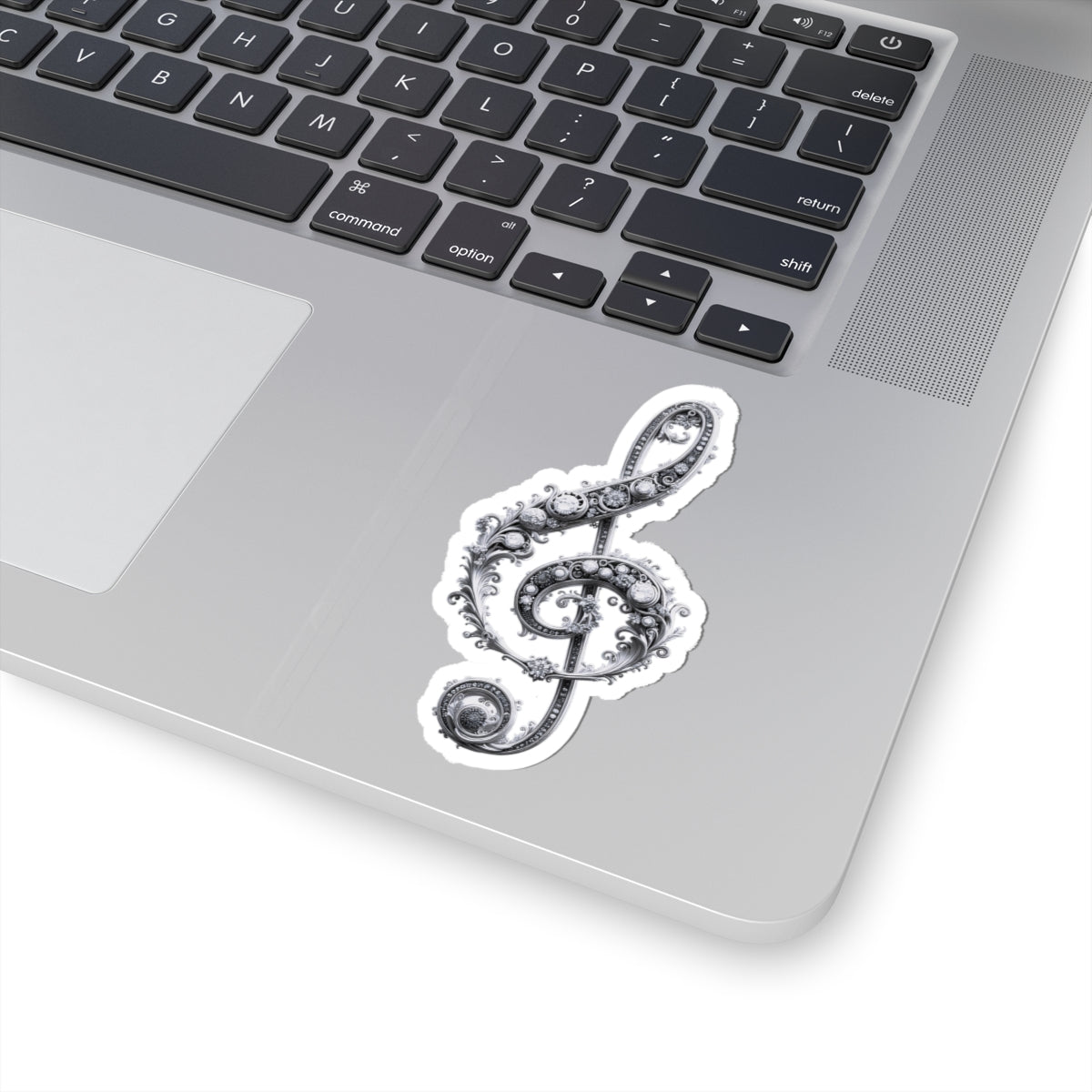 Ornate Treble Clef Kiss-Cut Sticker — Decorative Music Note Decal for Laptops & Instruments