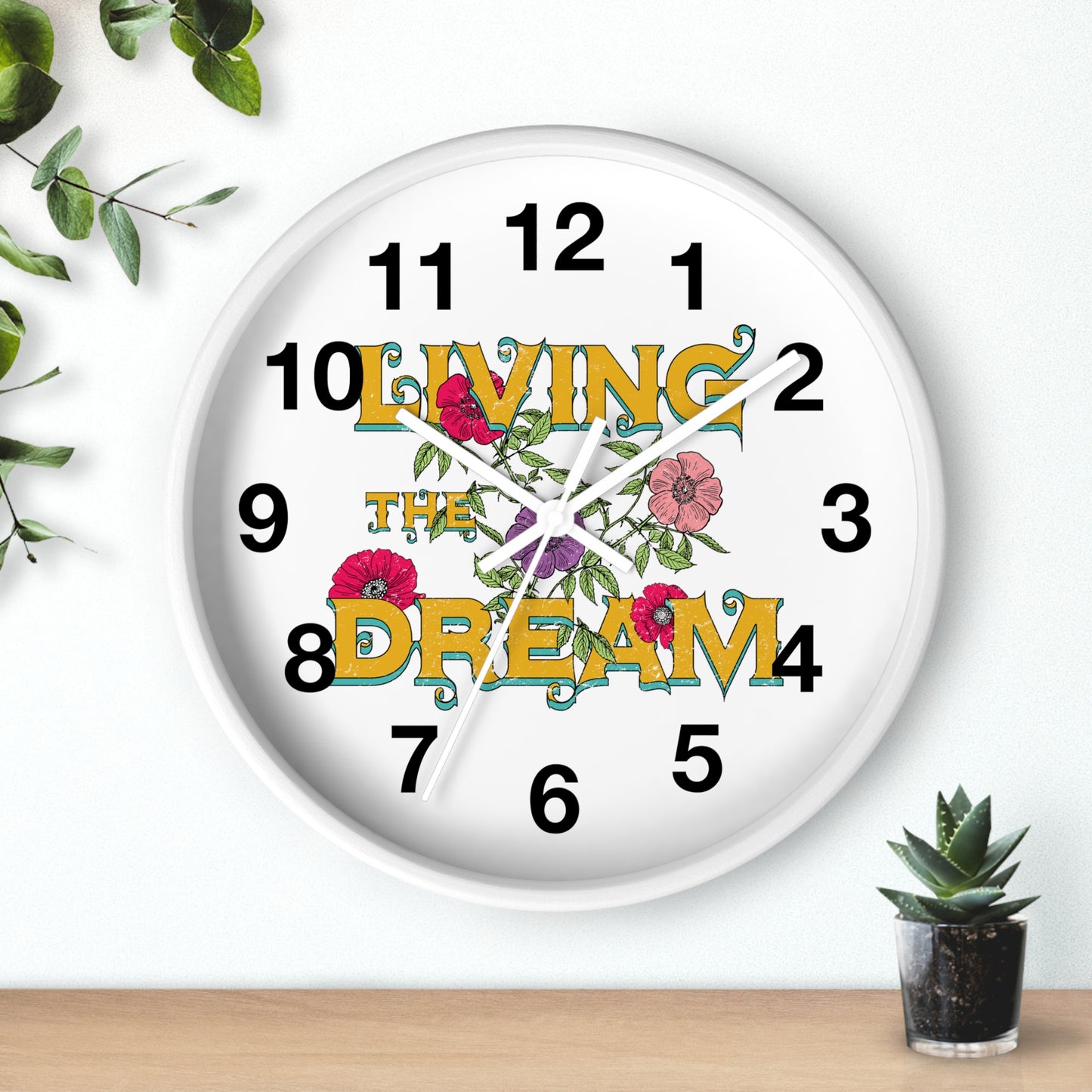 Living the Dream Floral Wall Clock, Boho Home Decor, Motivational Gift, Office Clock, Unique Wall Art