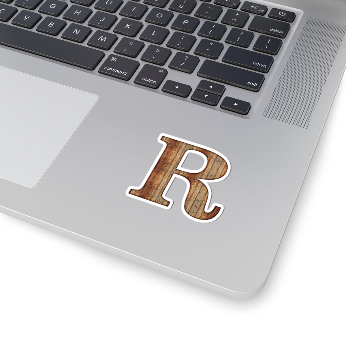 Woodgrain Letter R Kiss-Cut Sticker — Rustic Monogram Laptop Decal