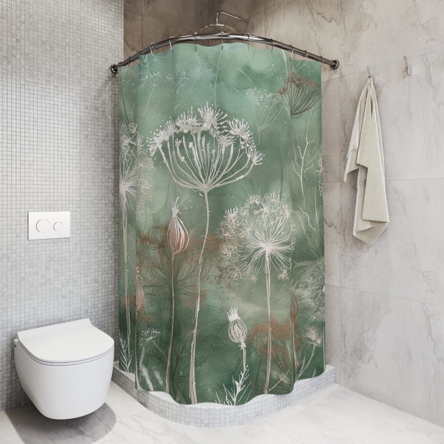Botanical Dandelion Shower Curtain — Green Floral Bathroom Decor