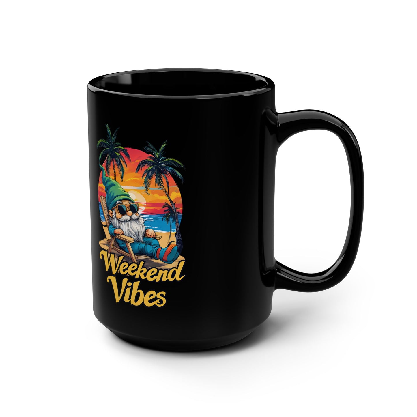 Weekend Vibes Mug — Tropical Sunset Gnome 15oz Black Coffee Cup