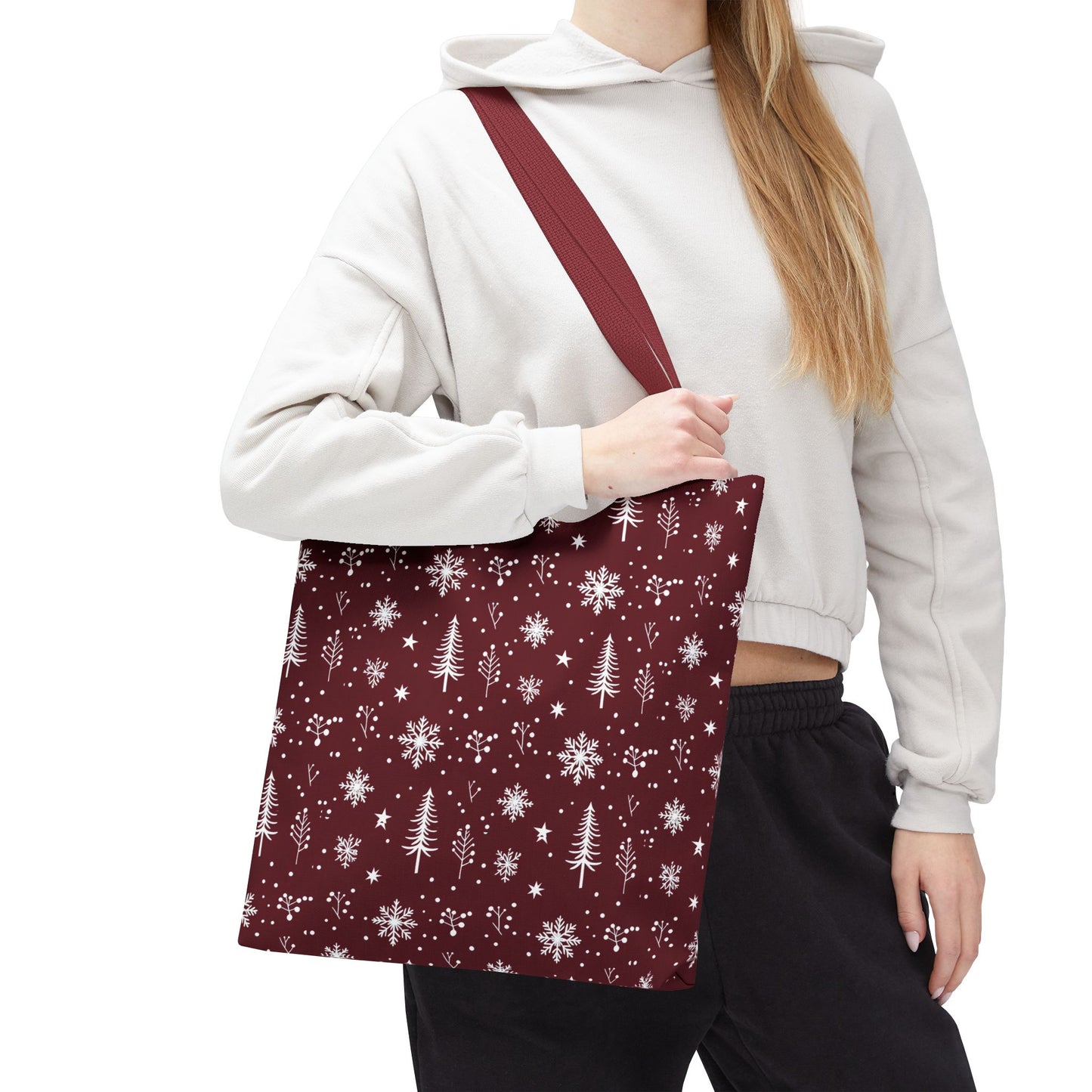 Christmas Snowflake Tote Bag – Burgundy Holiday Patterned Carryall