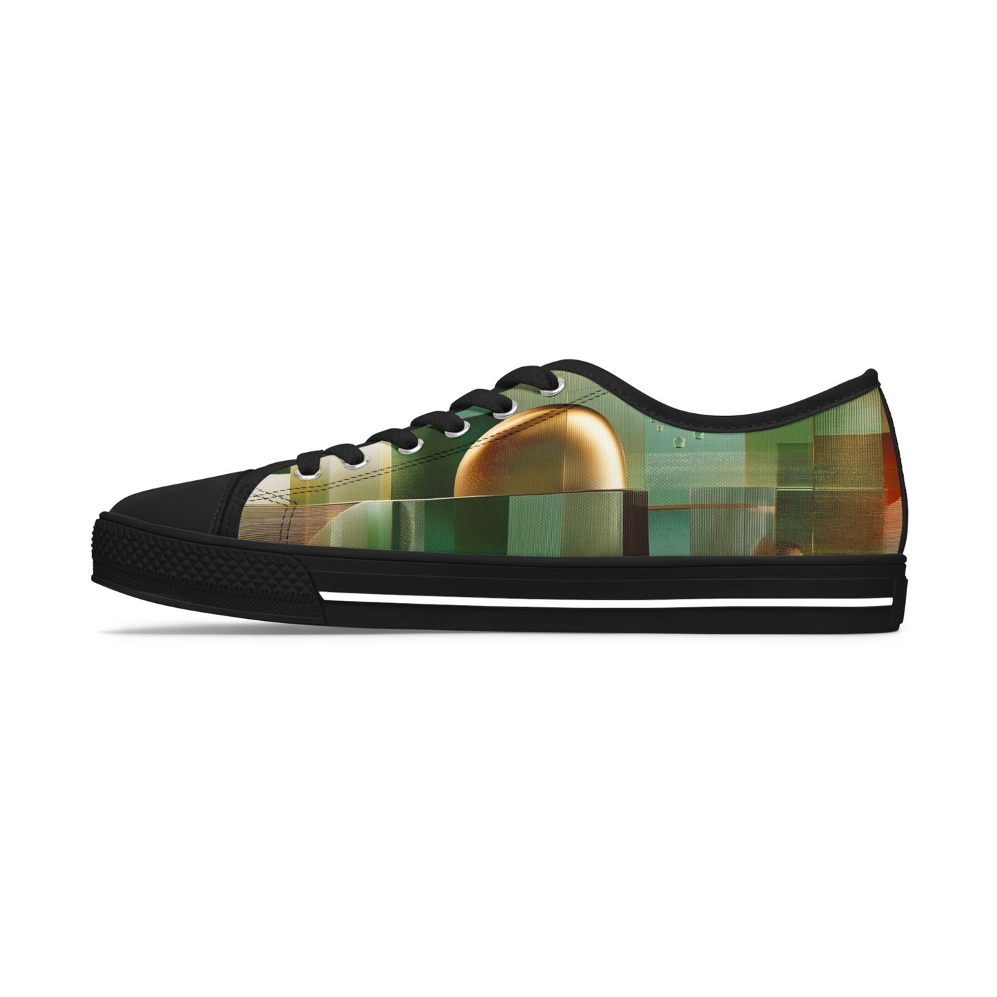 Low Top Sneakers — Green Abstract Geometric with Gold Orb Design