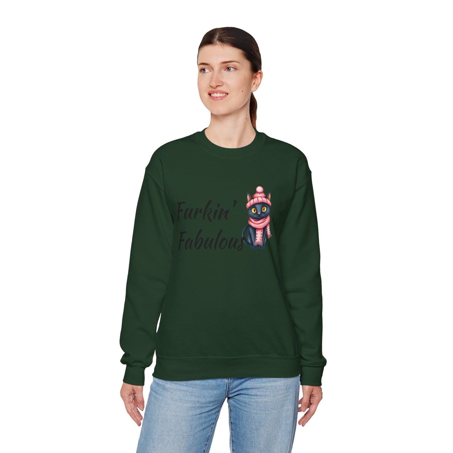 Crewneck Sweatshirt — "Furkin' Fabulous" Cute Black Cat in Pink Hat & Scarf
