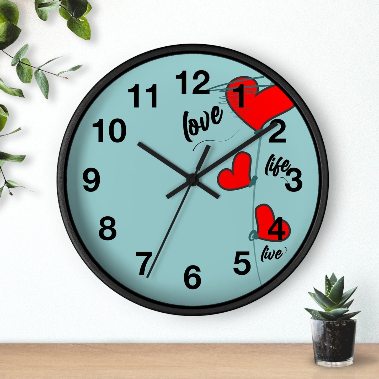 Love Hearts Wall Clock — Retro Teal Clock with Red Hearts & 'Love' Typography