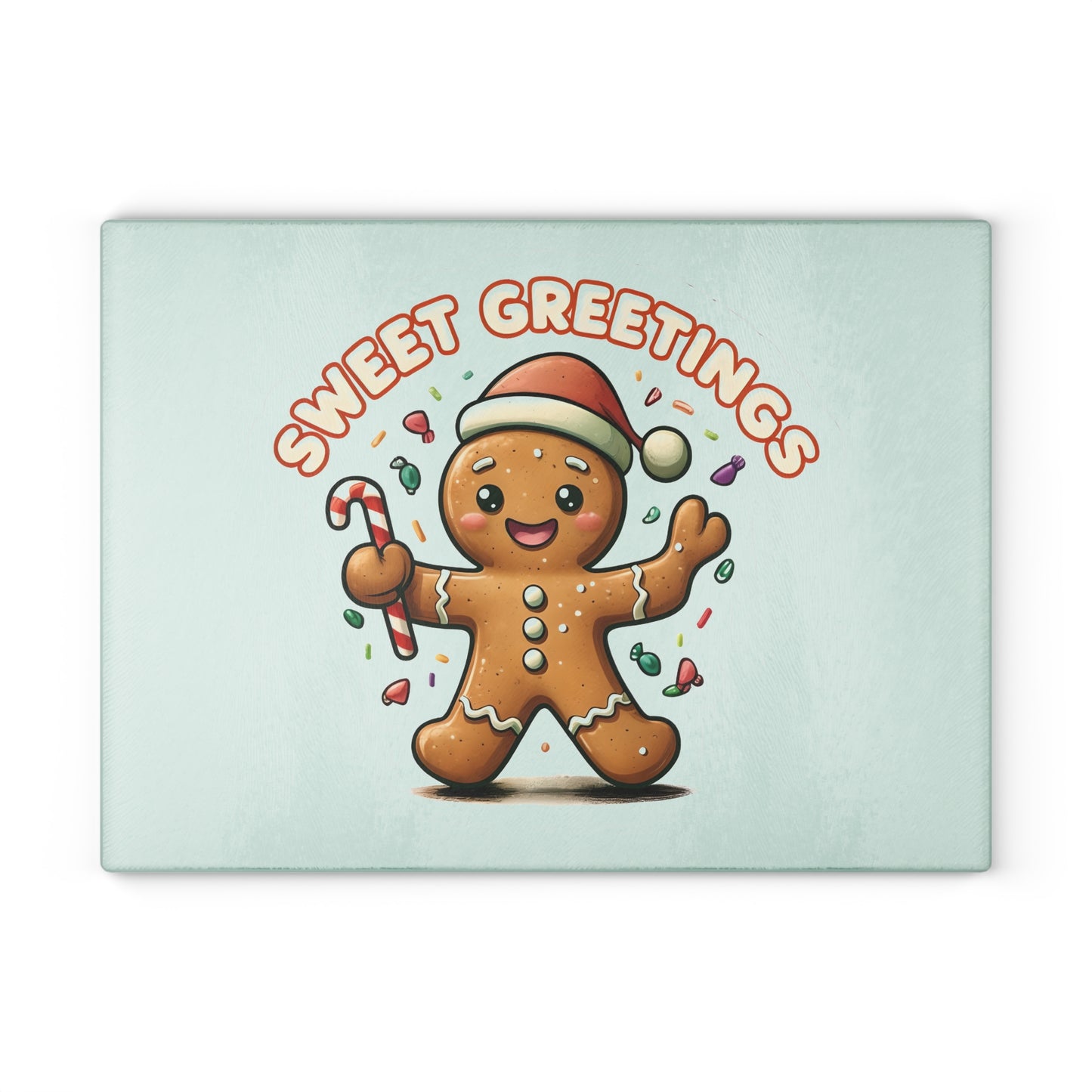 Gingerbread "Sweet Greetings" Glass Cutting Board — Festive Holiday Kitchen Decor
