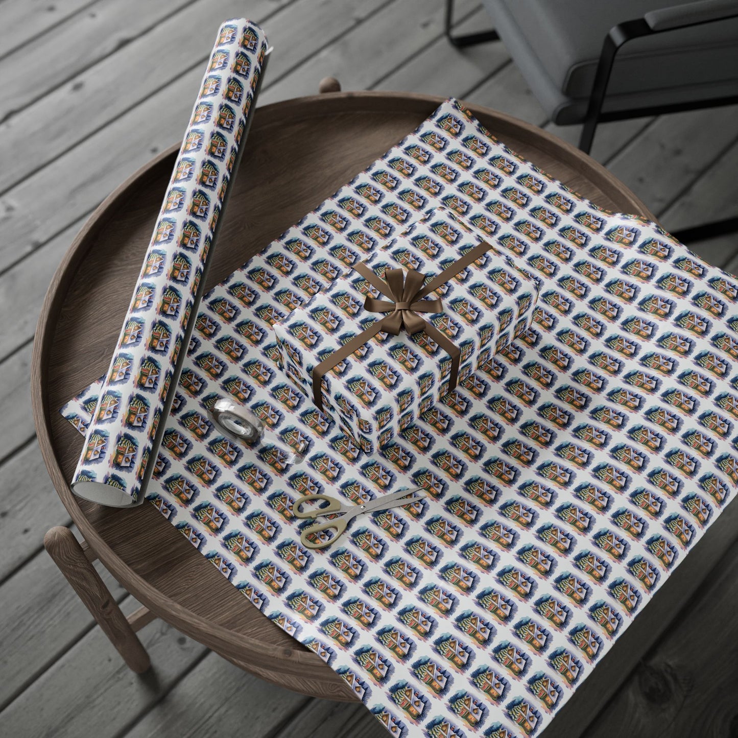 Wrapping Paper — Festive Village House Pattern Gift Wrap (Holiday & Christmas)
