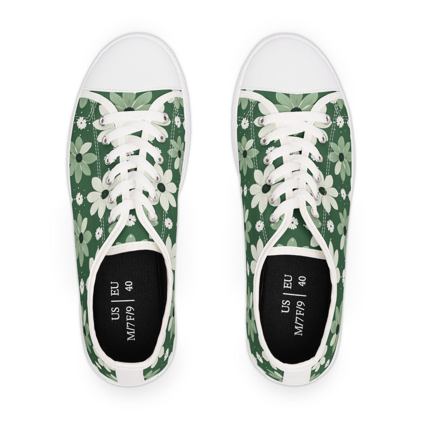 Floral Green Daisy Low Top Sneakers — Casual Garden Print Shoes
