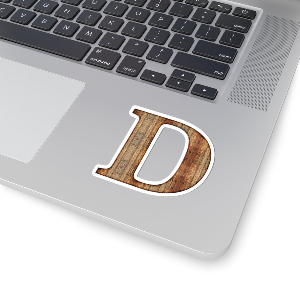 Wood Grain Letter D Sticker — Rustic Monogram Kiss-Cut Sticker for Laptops & Water Bottles