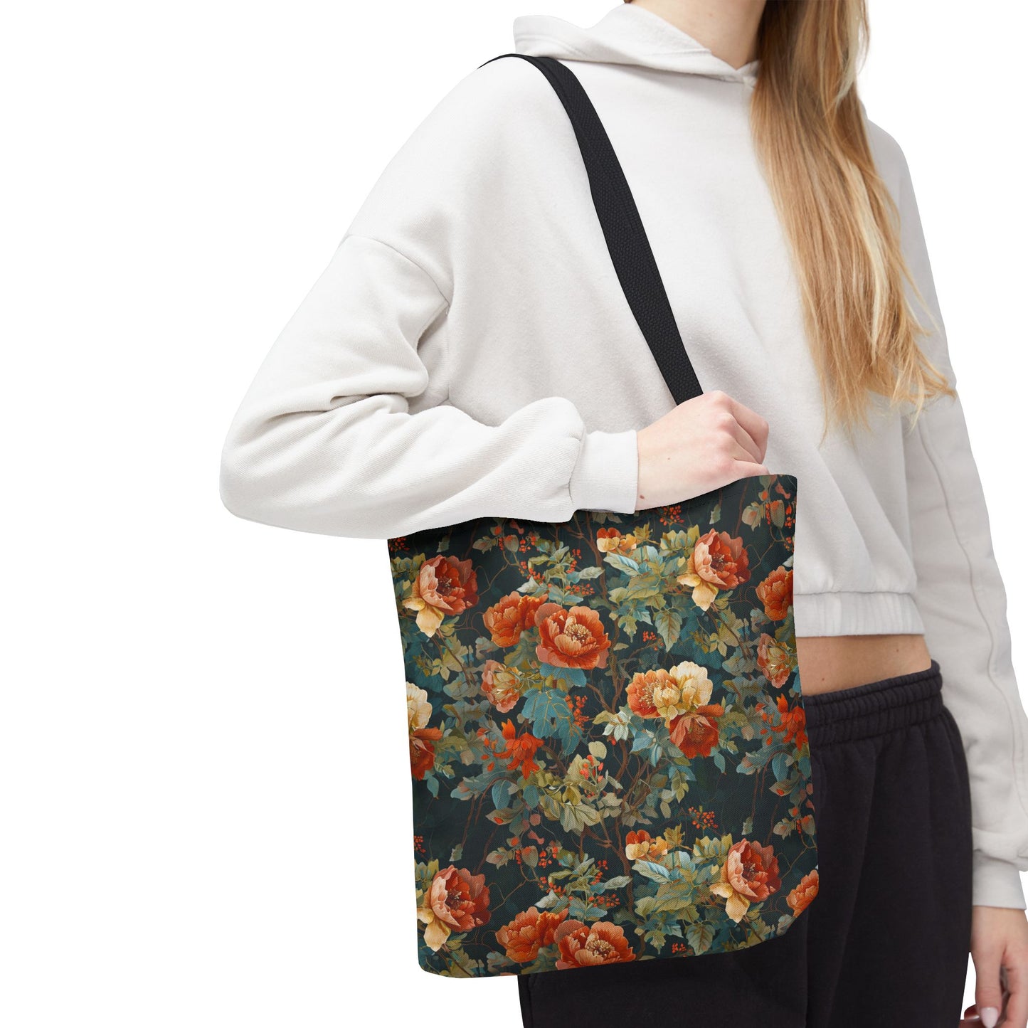 Vintage Rose Floral Tote Bag – Dark Botanical All-Over Print