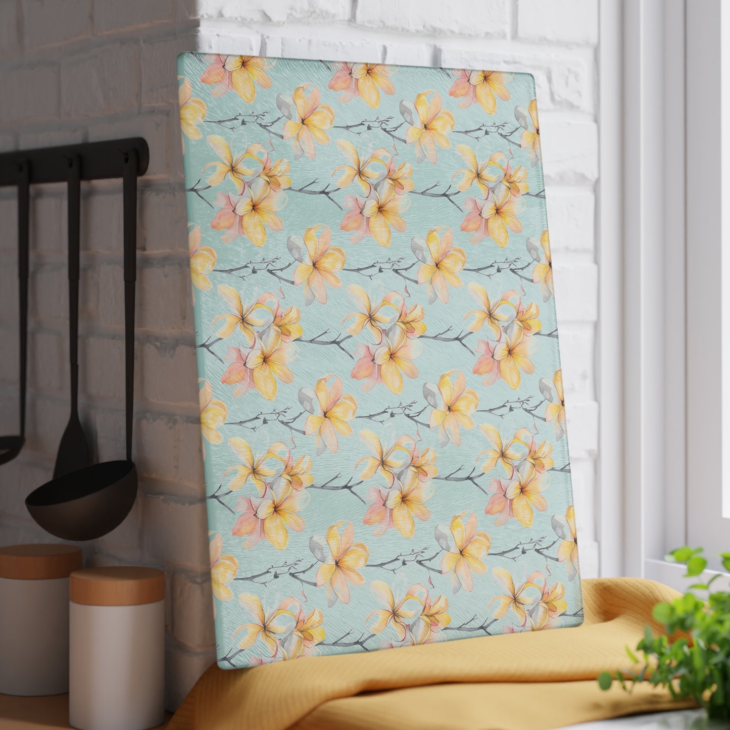 Floral Magnolia Glass Cutting Board — Pastel Yellow Blossom Kitchen Decor