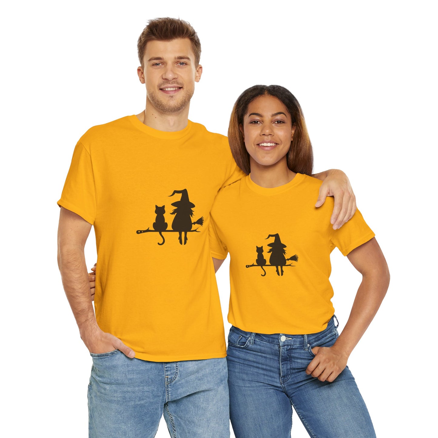 Witch and Cat Tee | Spooky Unisex Shirt for Halloween | Cute Witchwear for Cat Lovers | Fall Wardrobe Essential | Gift for Magical Friends