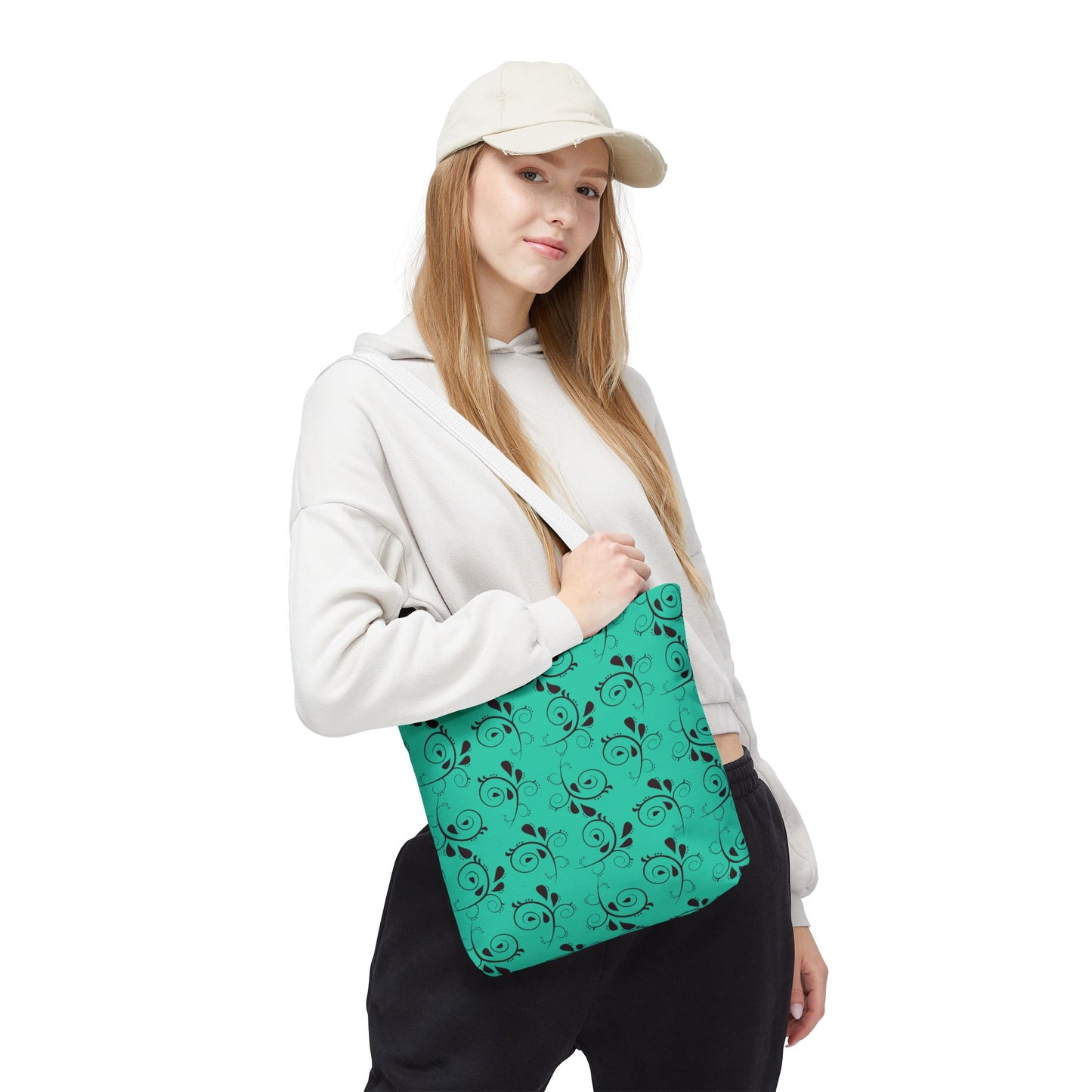 Turquoise Floral Swirl Tote Bag – All-Over Print Stylish Shopping Bag