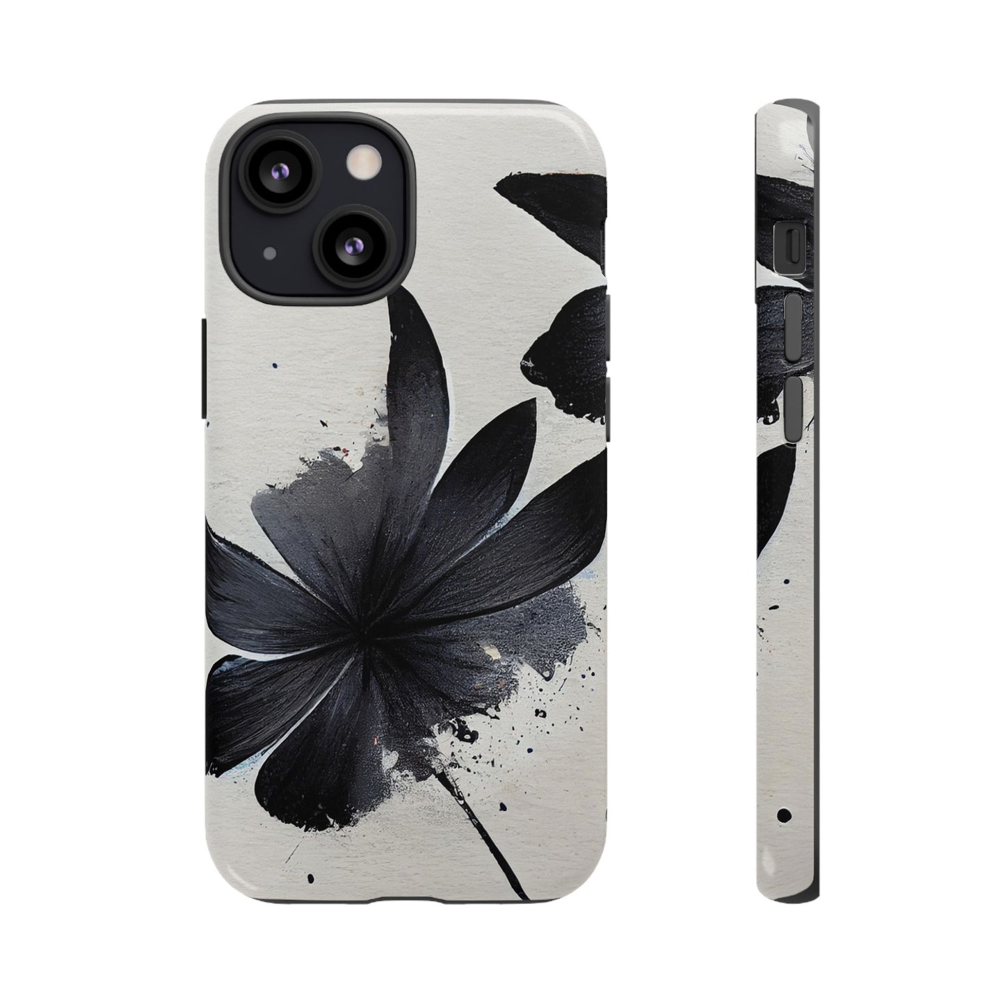 Monochrome Floral Tough Phone Case — Black Ink Flower Protective Cover