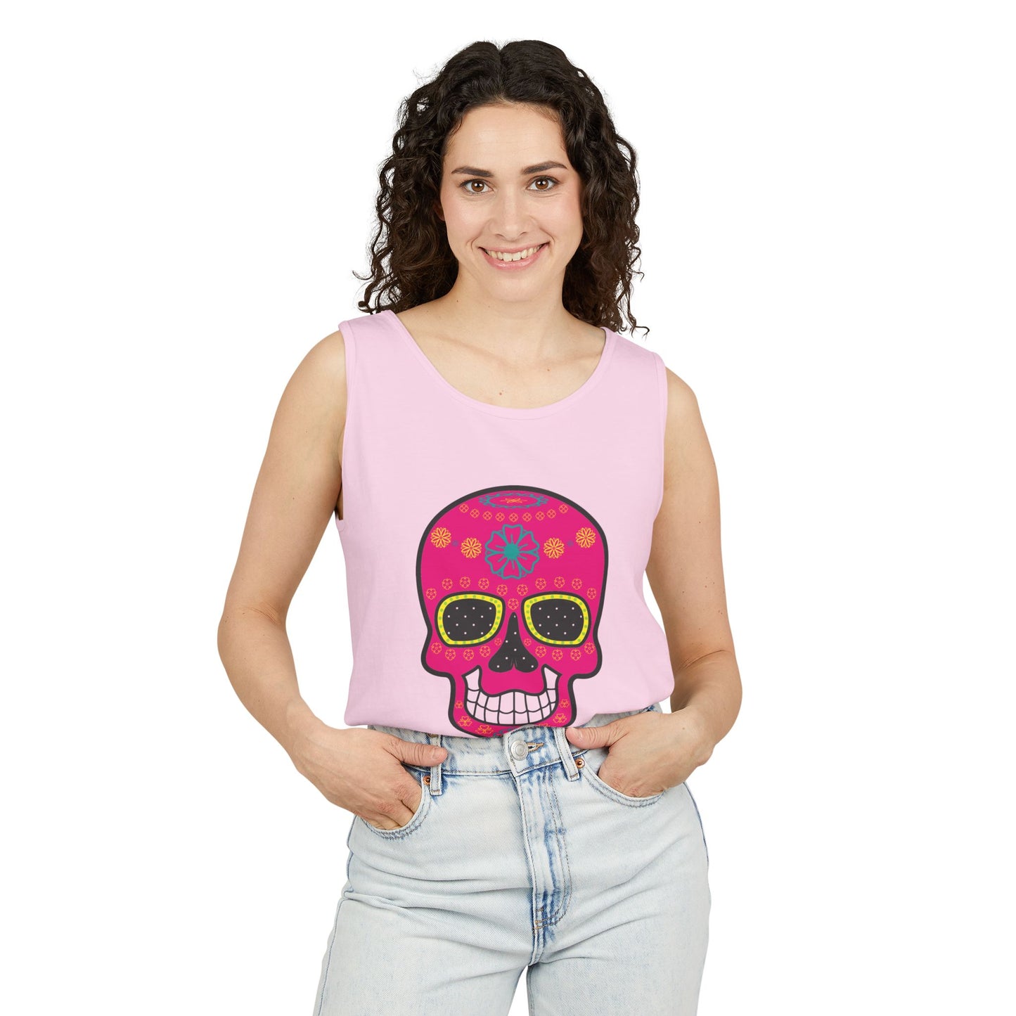 Colorful Dia de los Muertos Skull Tank Top, Unisex Summer Tee, Festival Wear