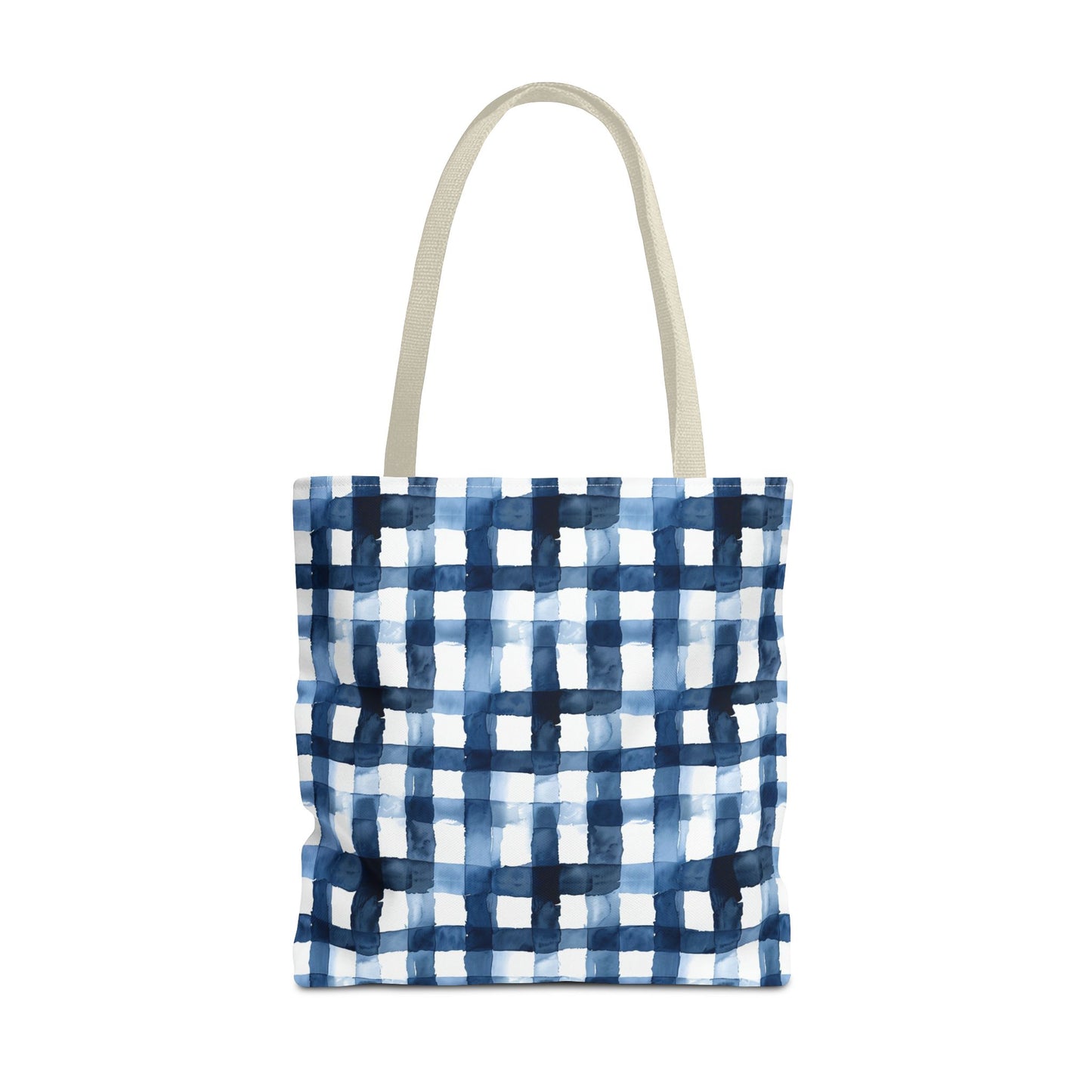 Blue Watercolor Plaid Tote Bag — Navy Check Pattern All-Over Print