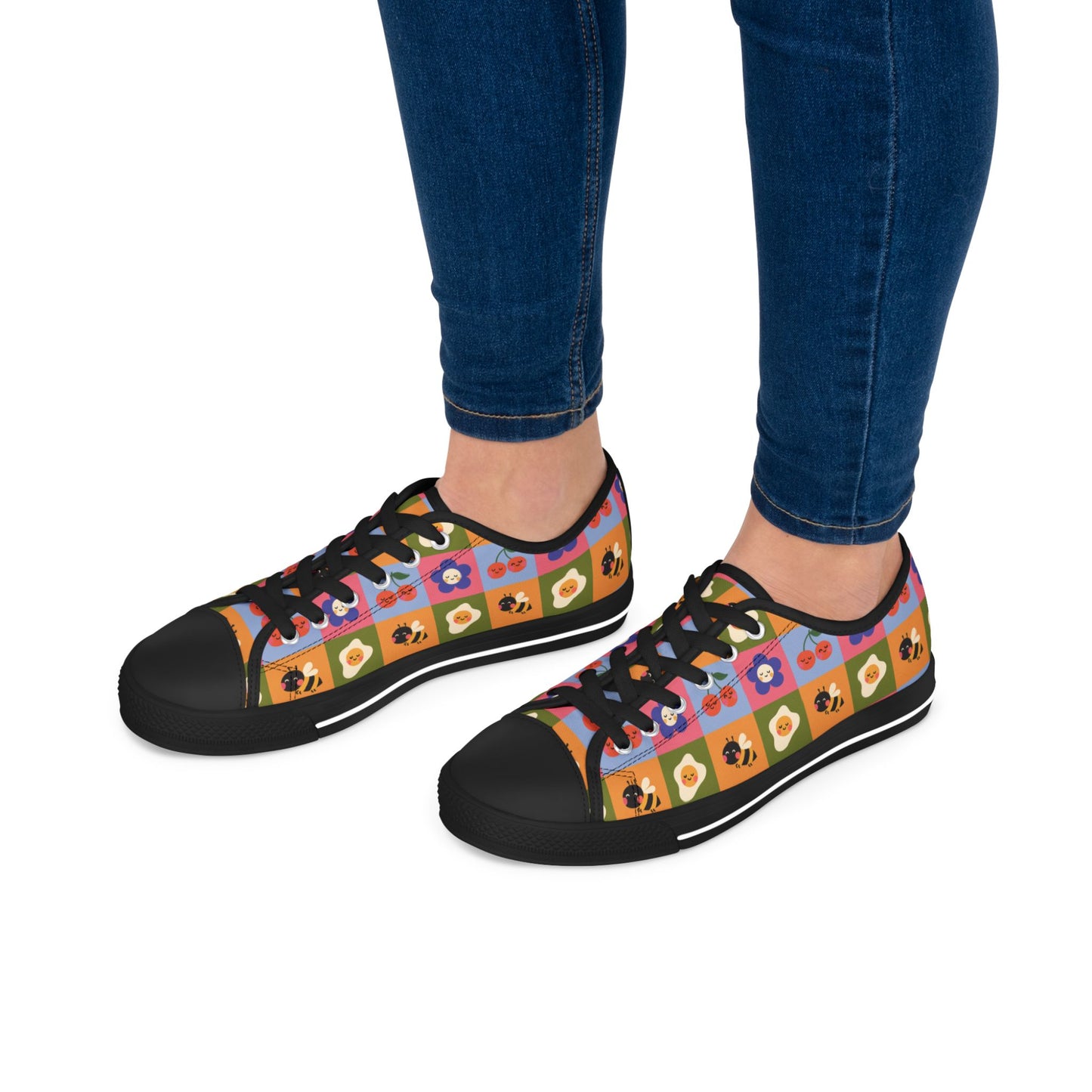 Women's Low Top Sneakers — Retro Floral & Bee Checkerboard Printed Casual Shoes