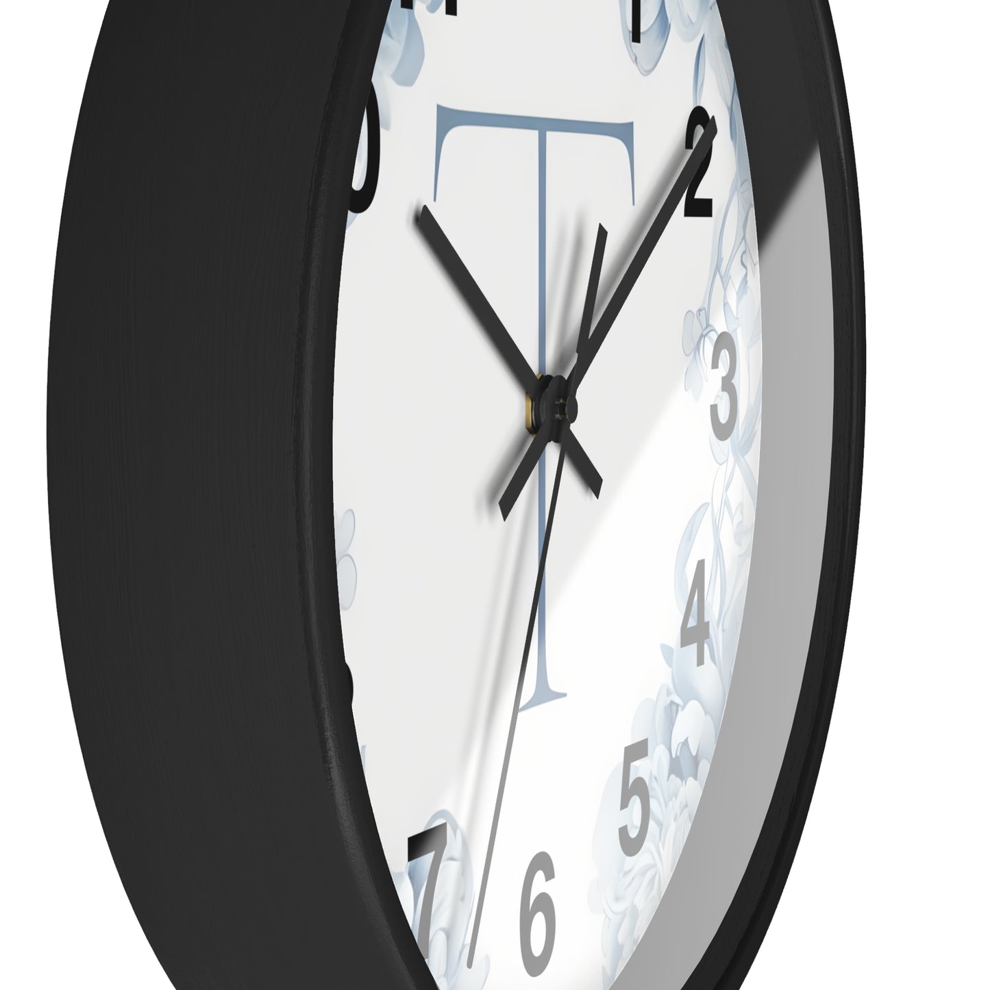 Monogram T Floral Wall Clock — Elegant Blue Initial T Home Decor