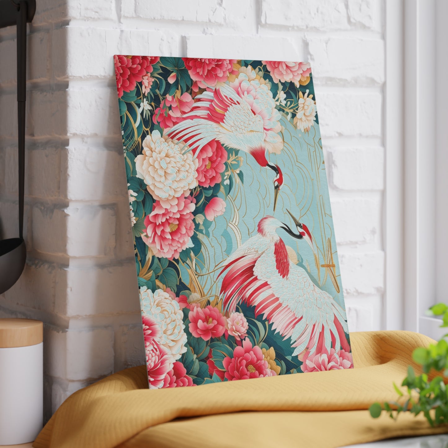 Glass Cutting Board — Elegant Cranes & Peonies Floral Kitchen Trivet