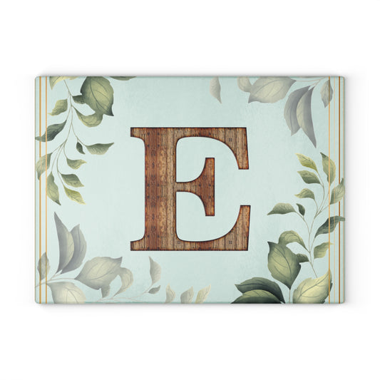 Glass Cutting Board — Monogram 'E' Floral Leaf Kitchen Decor