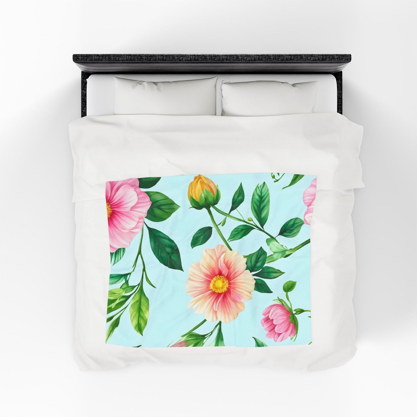 Floral Velveteen Plush Blanket — Pastel Pink & Mint Flower Throw