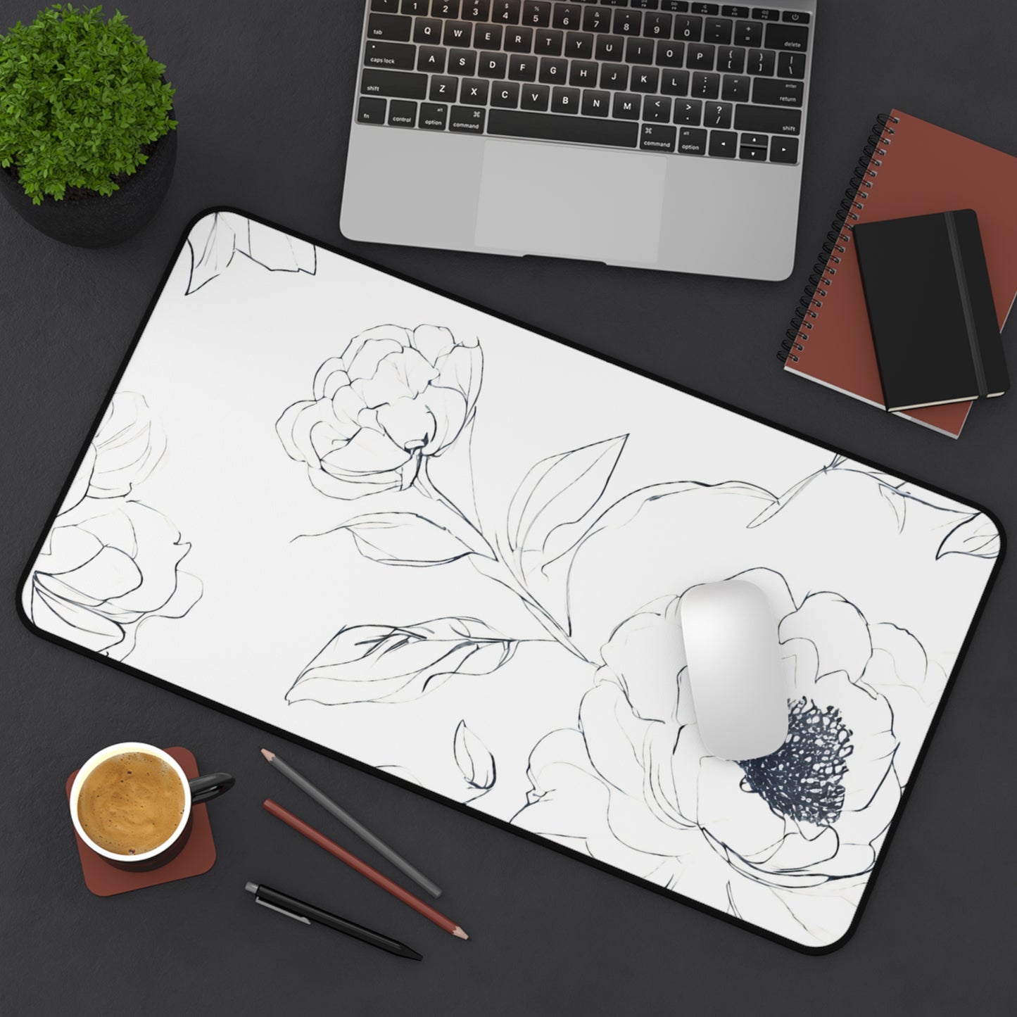 Floral Sketch Desk Mat — Minimal Black & White Blossom Mousepad