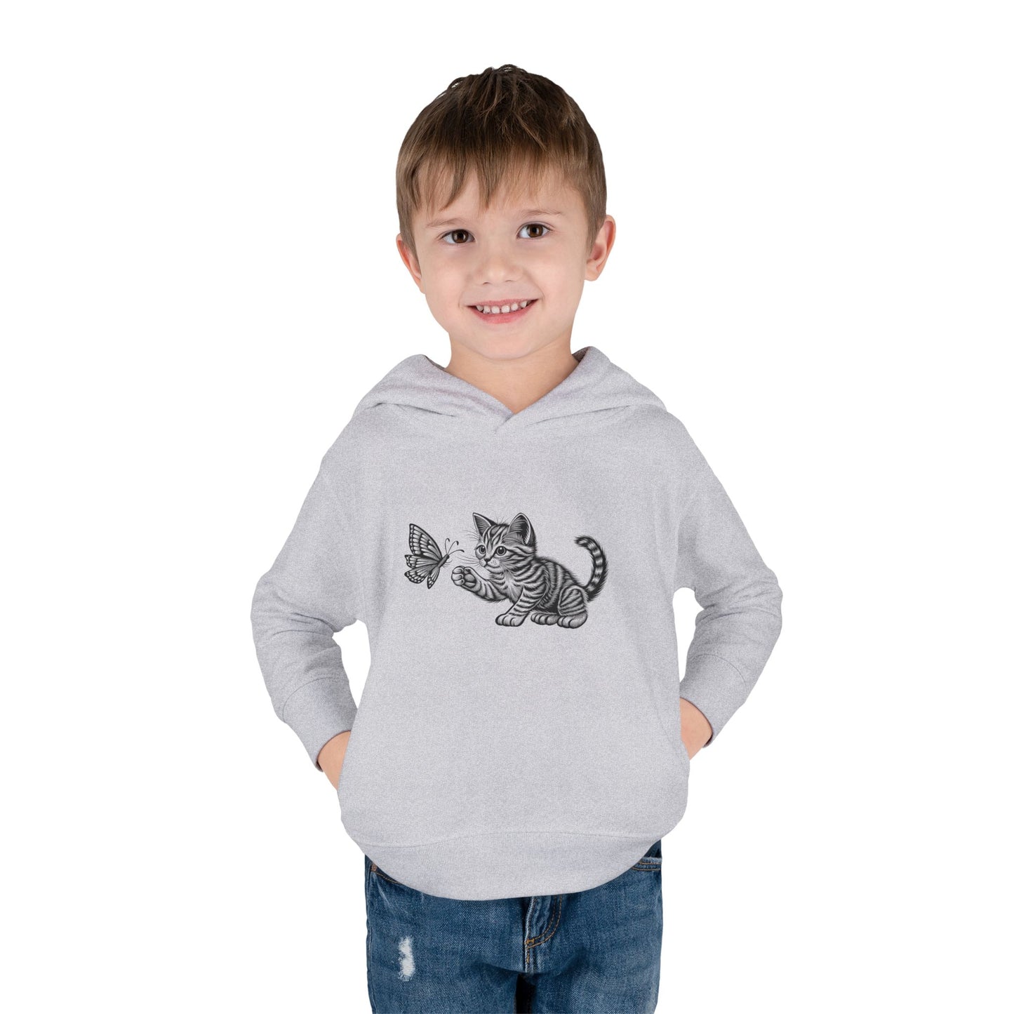 Cute Cat and Butterfly Toddler Hoodie, Toddler Pullover, Kids Fleece Hoodie, Animal Lover Gift, Playtime Pullover