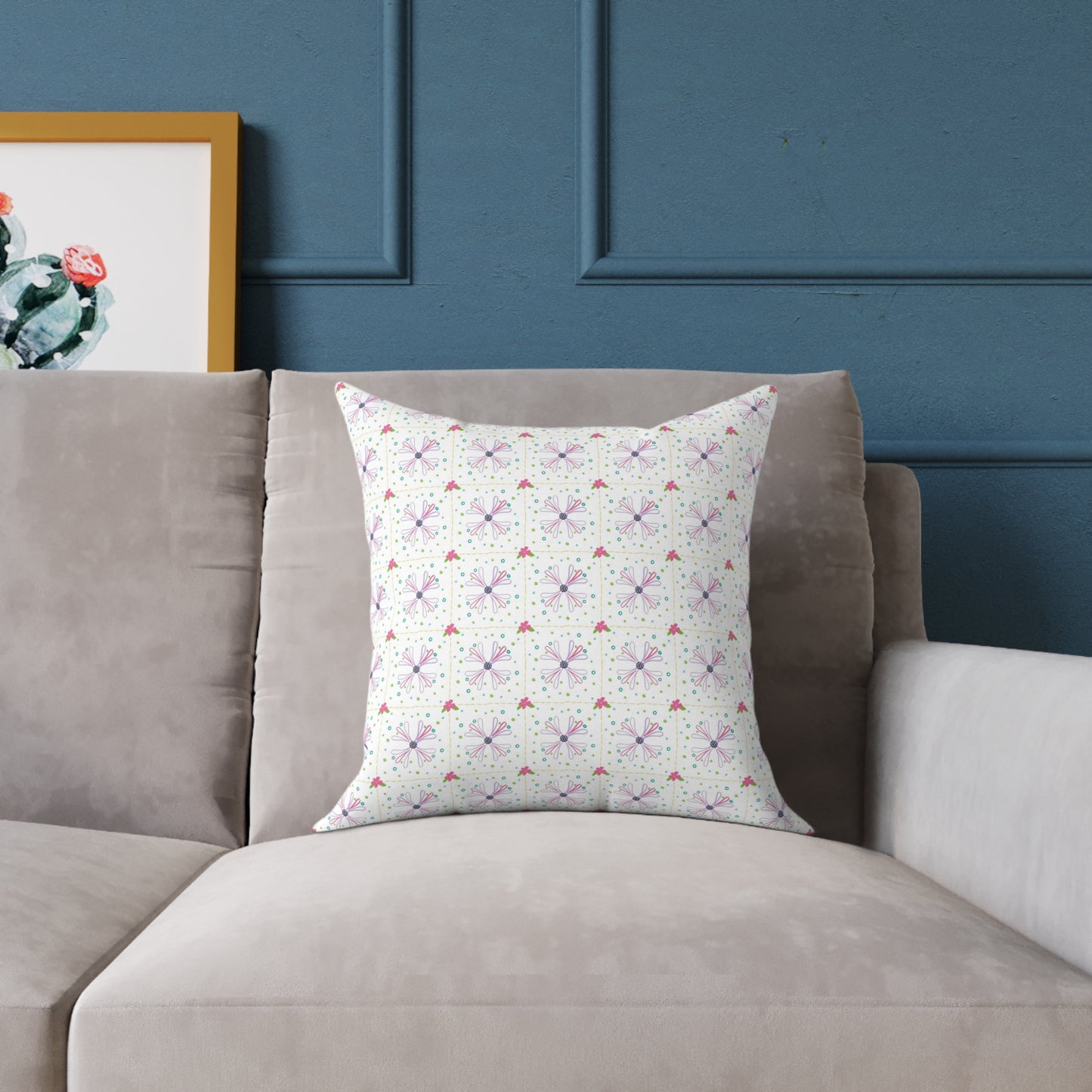 Floral Geometric Square Pillow – Pink & Lavender Patterned Throw Cushion