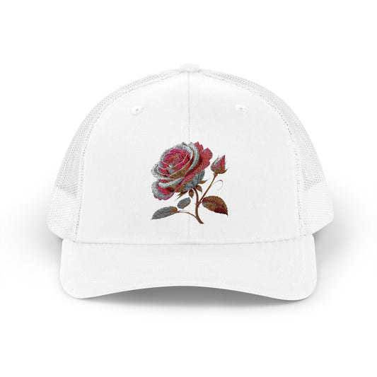 Rose Embellished Snapback Trucker Cap, Casual Hat for Outdoor Events, Gift for Flower Lovers, Stylish Fashion Accessory, Holiday Cap