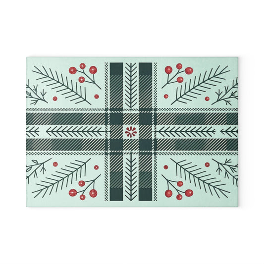 Festive Plaid & Holly Glass Cutting Board — Holiday Kitchen Decor