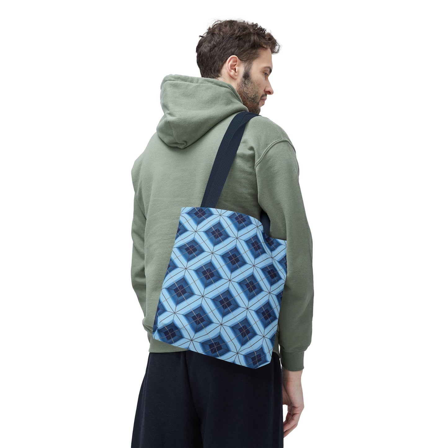 Blue Geometric Tote Bag — Repeating Diamond Pattern AOP