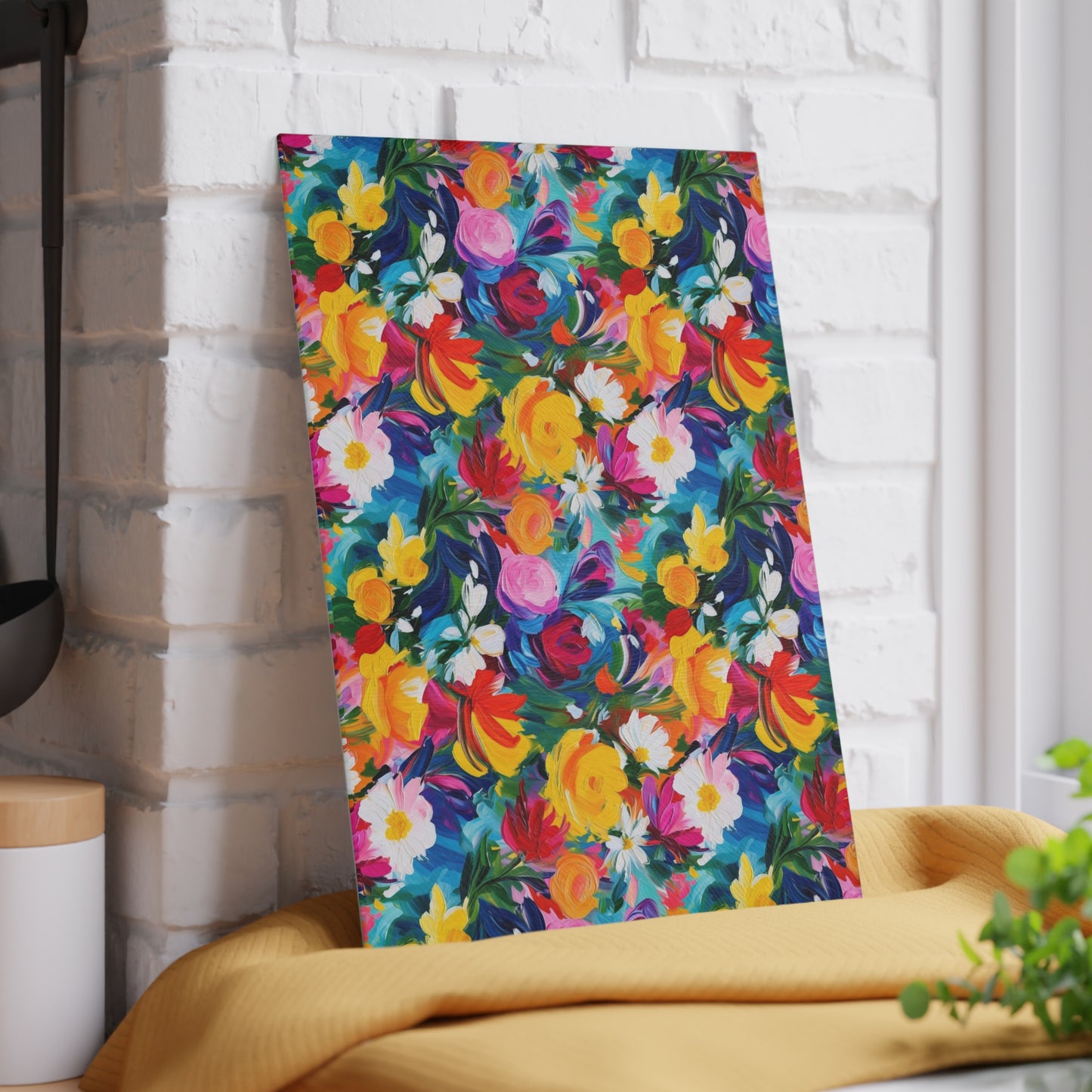 Floral Glass Cutting Board — Bright Watercolor Garden Kitchen Board