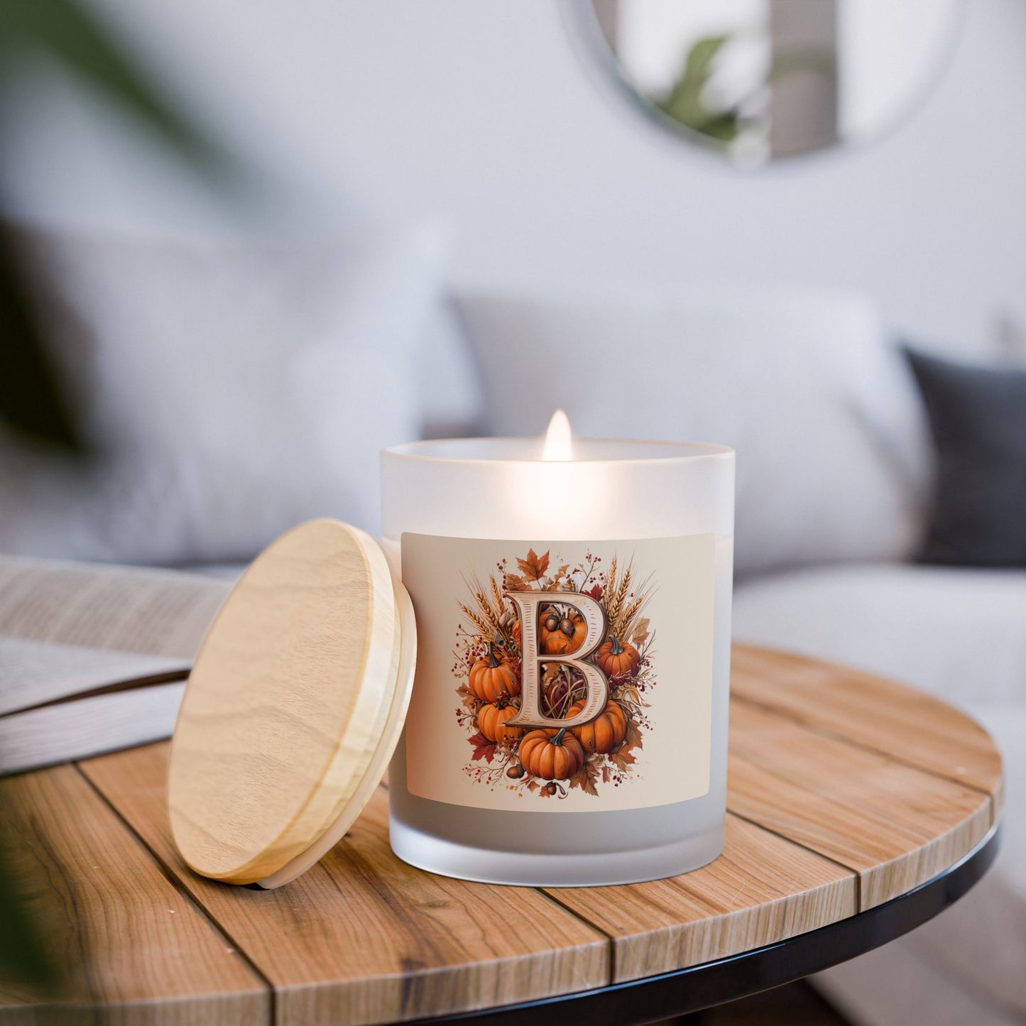 Autumn Monogram Candle — Frosted 11oz Pumpkin Initial "B"