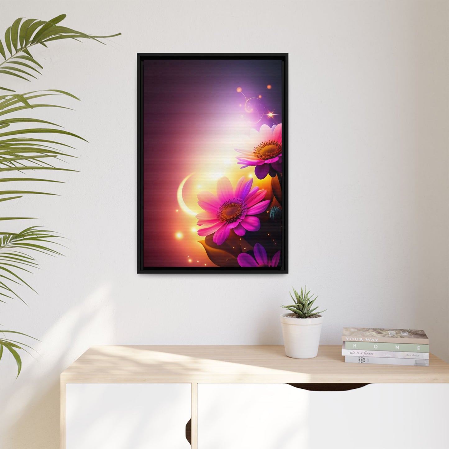 Framed Floral Canvas Art — Pink Daisies Sunset Wall Print