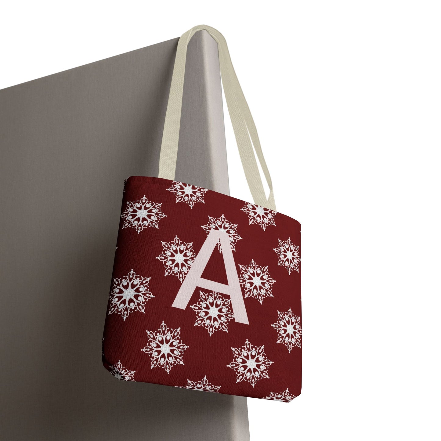 Monogram A Snowflake Tote Bag — Personalized Holiday AOP Tote