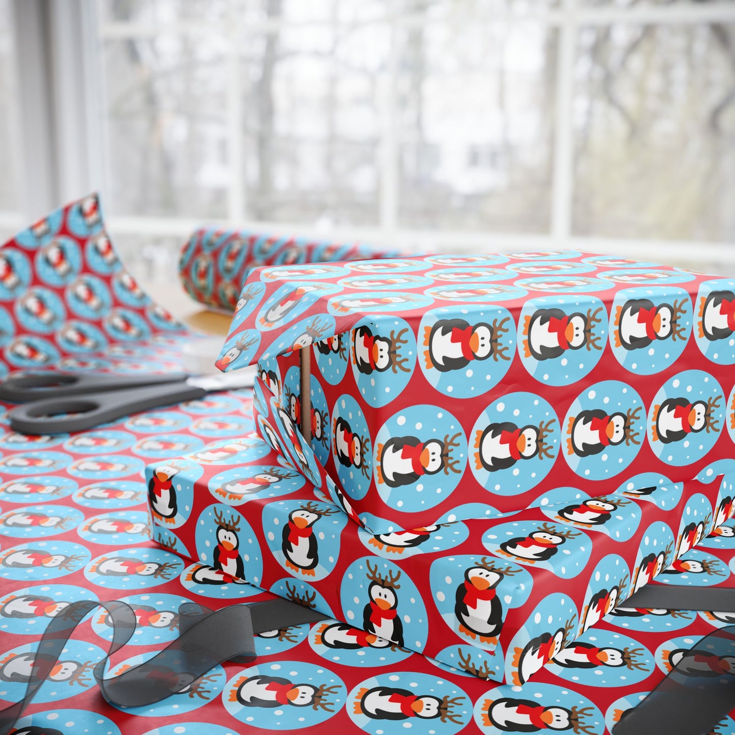 Wrapping Paper Roll — Festive Penguin Pattern Holiday Gift Wrap