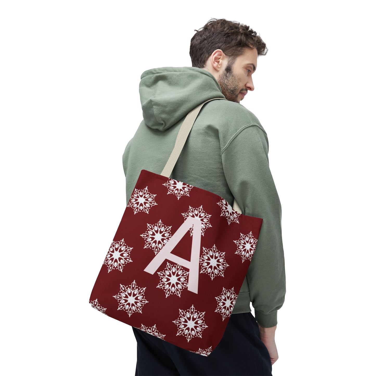 Monogram A Snowflake Tote Bag — Personalized Holiday AOP Tote