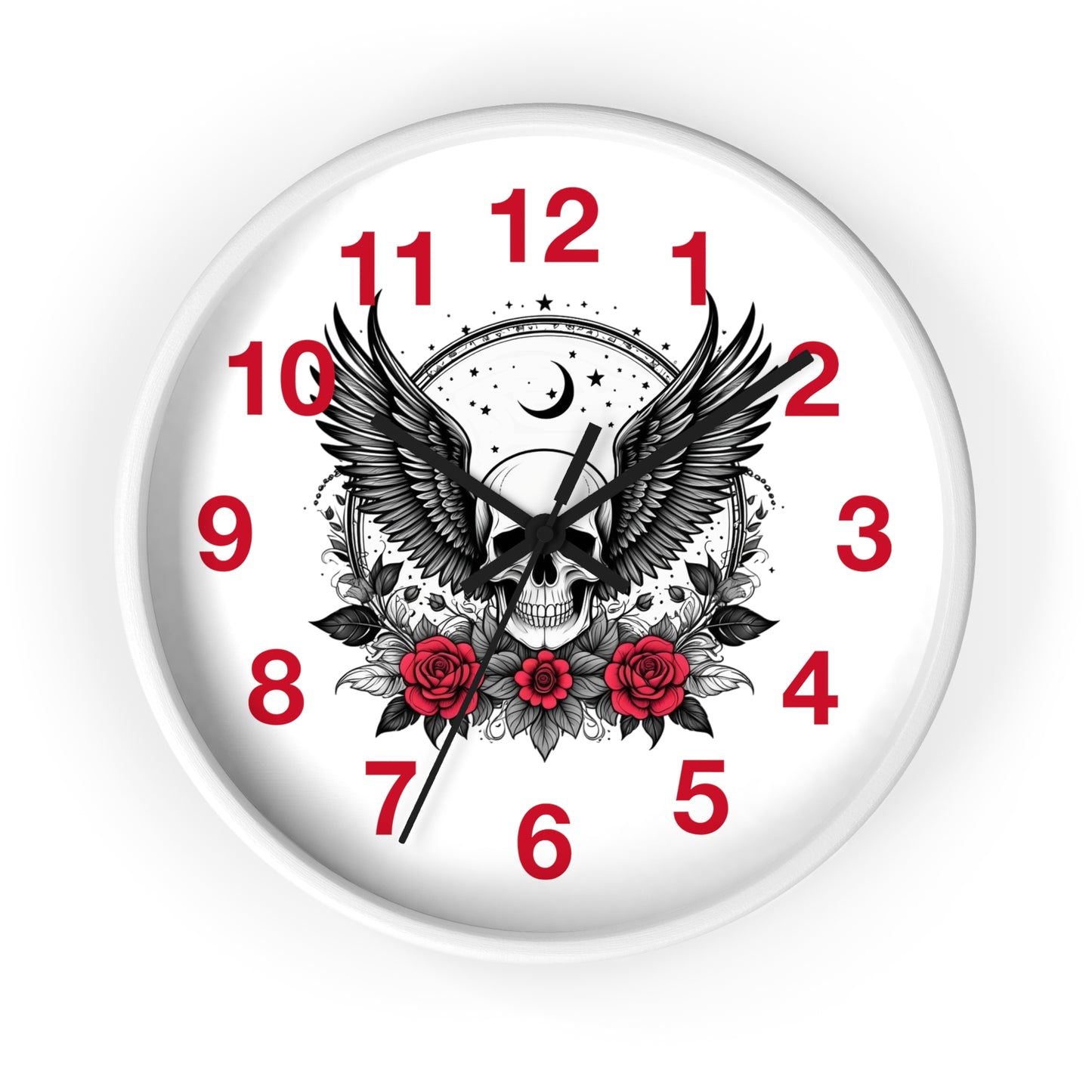Winged Skull with Red Roses Wall Clock | Gothic Moon Skull Clock