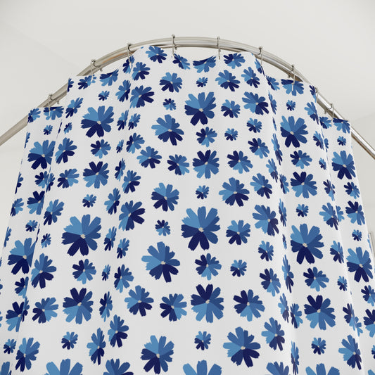 Floral Print Shower Curtain - Vibrant Bathroom Decor, Blue and White, Modern Home Accessory, Gift Idea for Housewarming, Nature Inspired