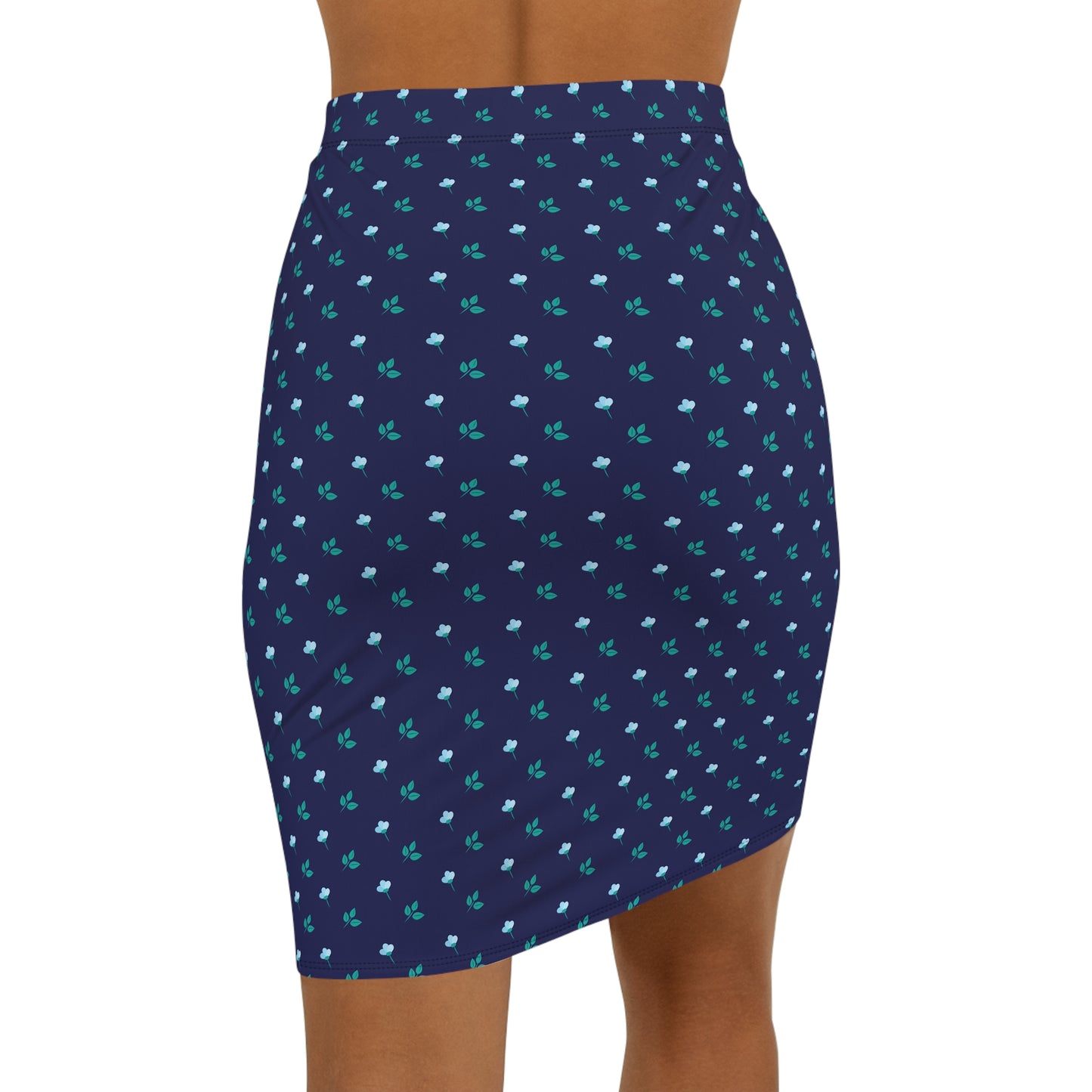 Pencil Skirt — Navy Blue Mini with Teal Floral Dot Print