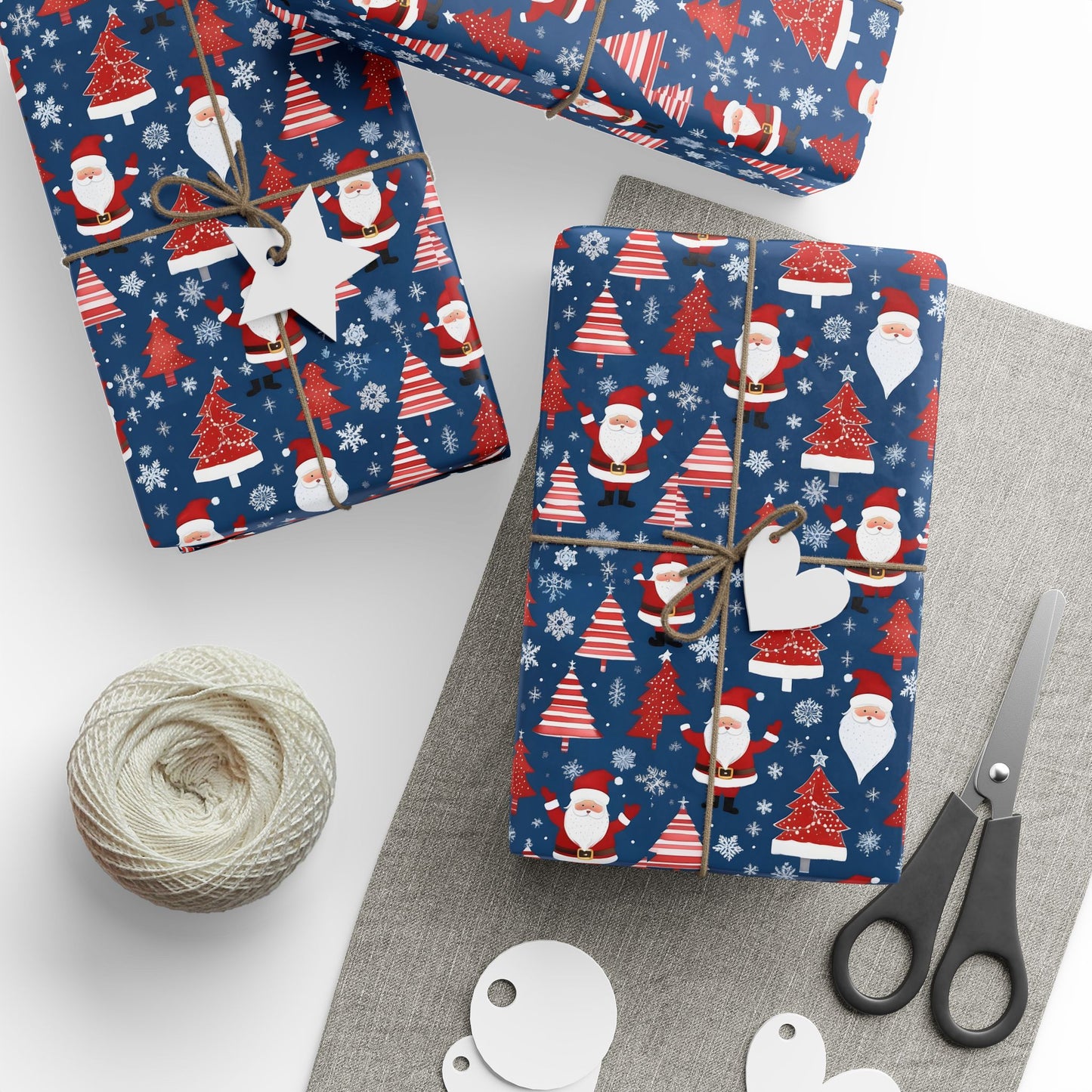 Christmas Santa Wrapping Paper Roll — Blue Festive Holiday Gift Wrap with Santa, Snowflakes & Stockings