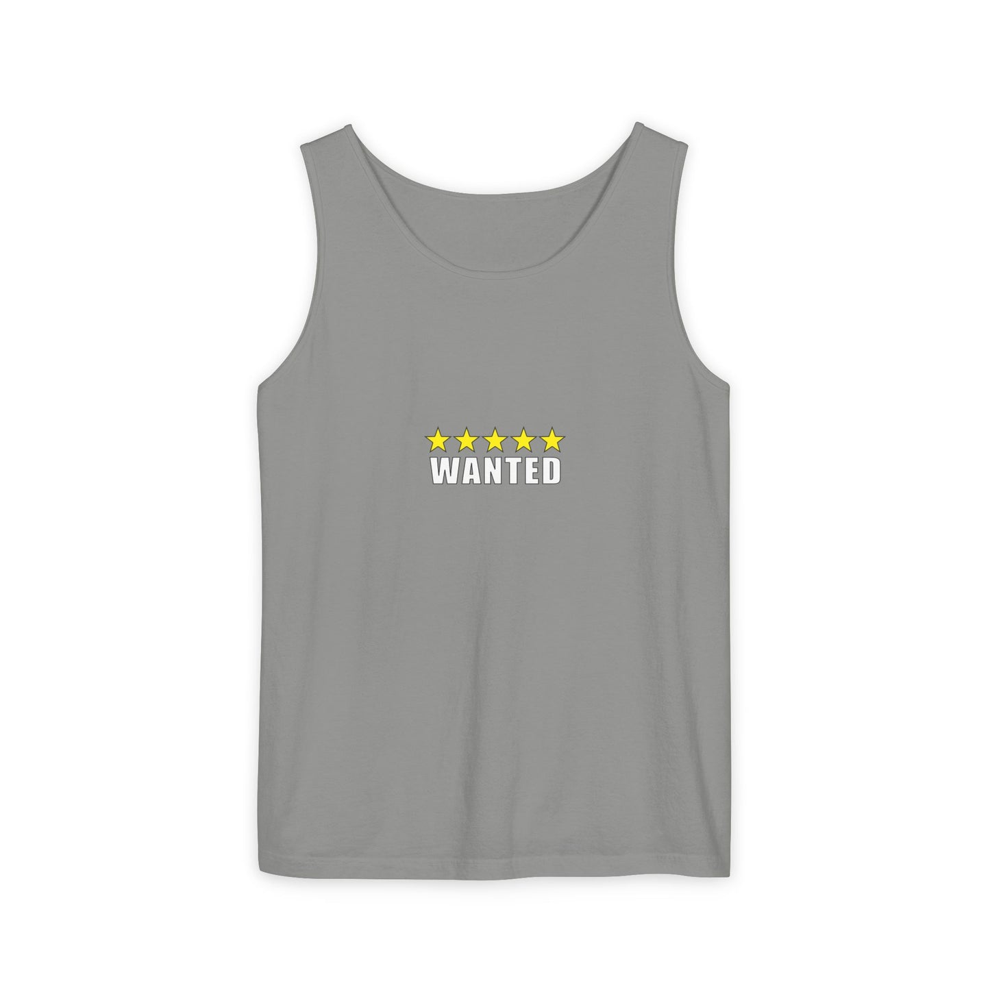 5-Star "WANTED" Garment-Dyed Tank Top, Unisex Summer Shirt, Gift for Him/Her, Trendy Casual Wear, Pool Party Outfit, Unique Graphic Tee