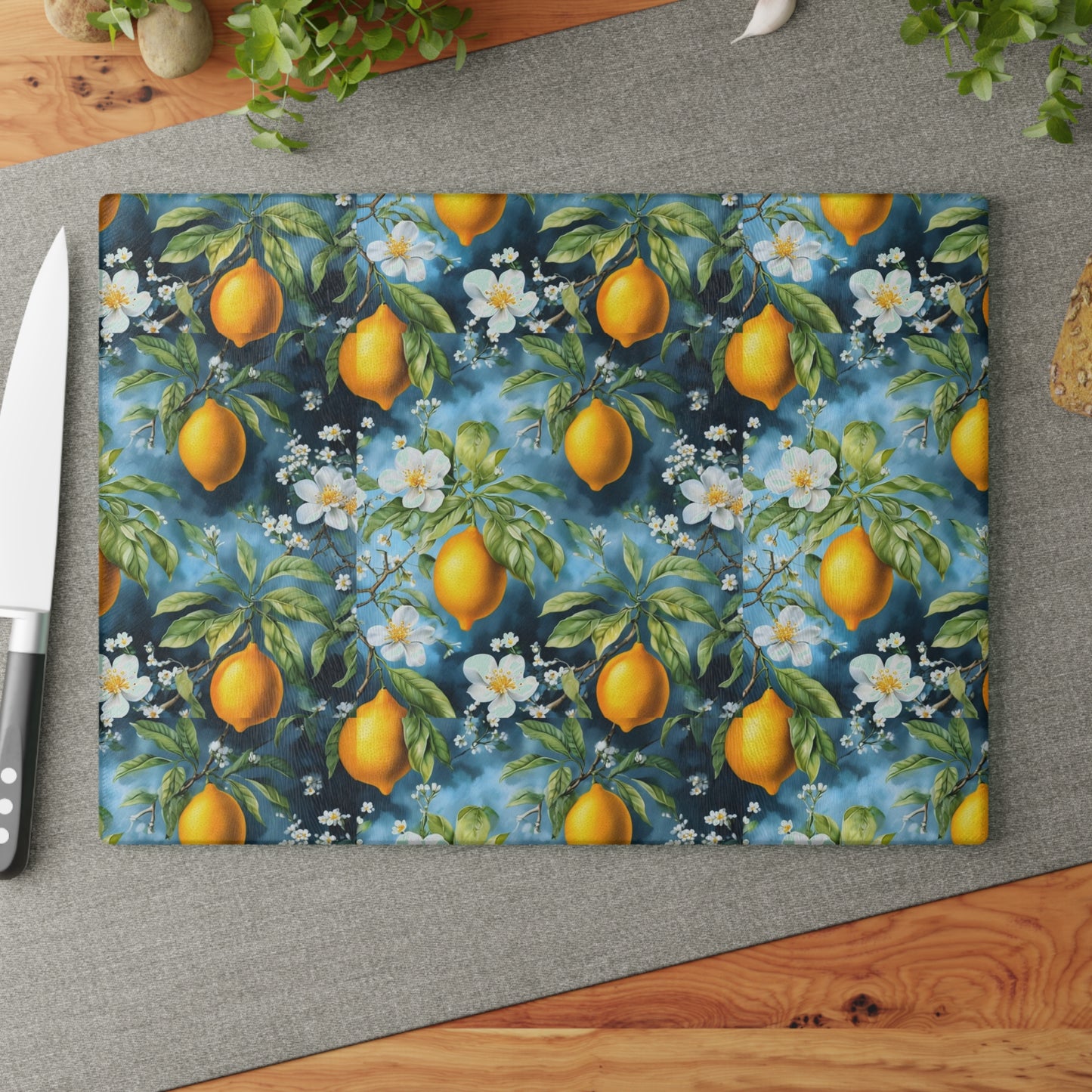 Lemon Blossom Glass Cutting Board — Citrus Kitchen Countertop Board