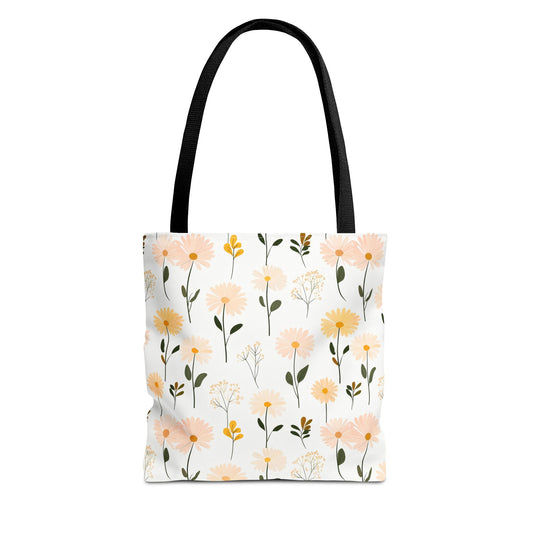 Floral Daisy Pattern Tote Bag — Pastel Spring Flowers All-Over Print