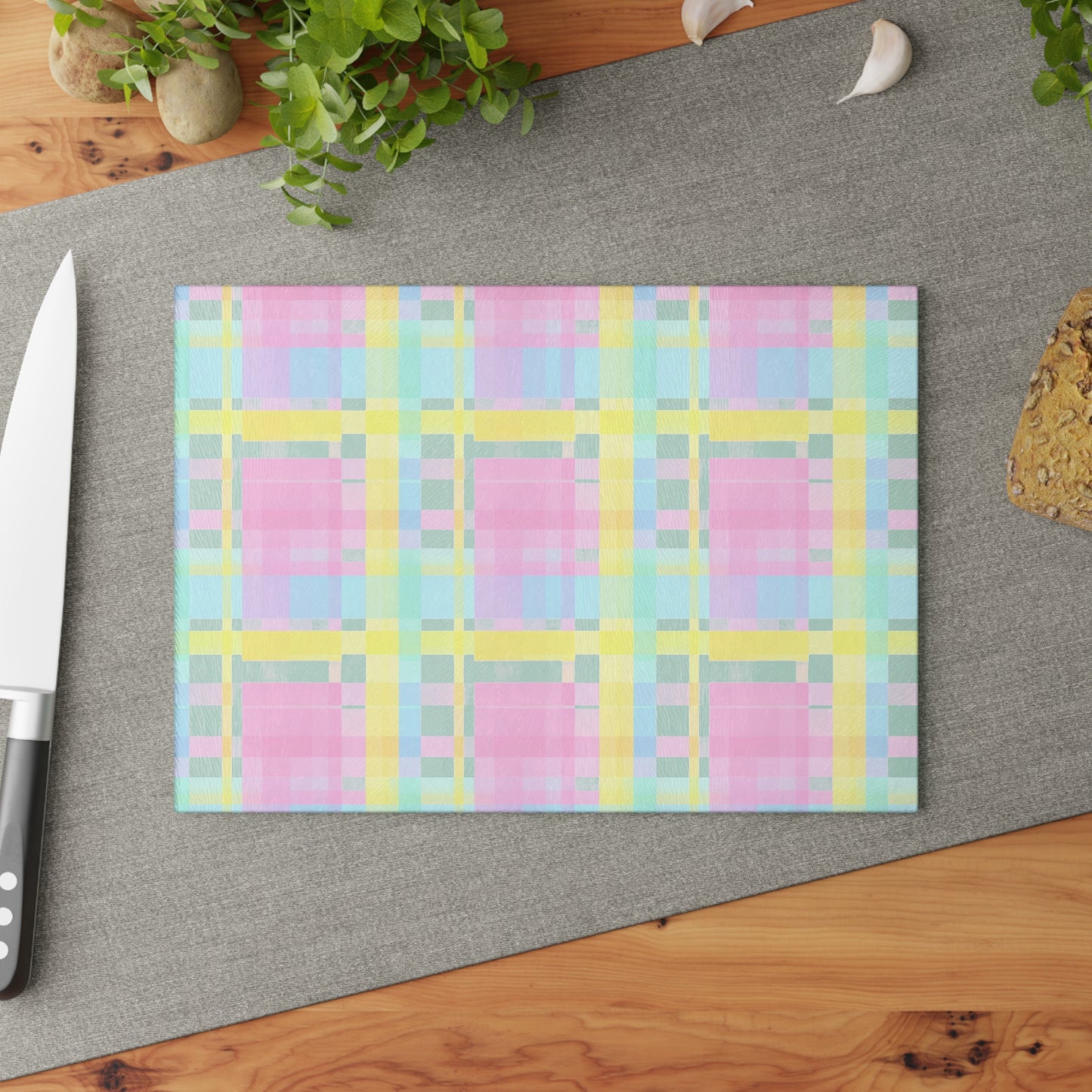 Pastel Plaid Glass Cutting Board – Spring Kitchen Decor