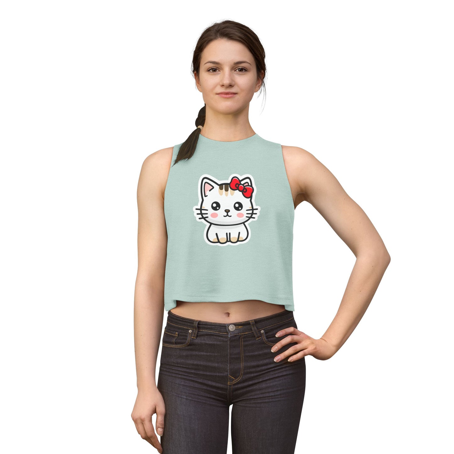 Kawaii Kitty Bow Crop Top — Cute Cat Graphic Women's Tank
