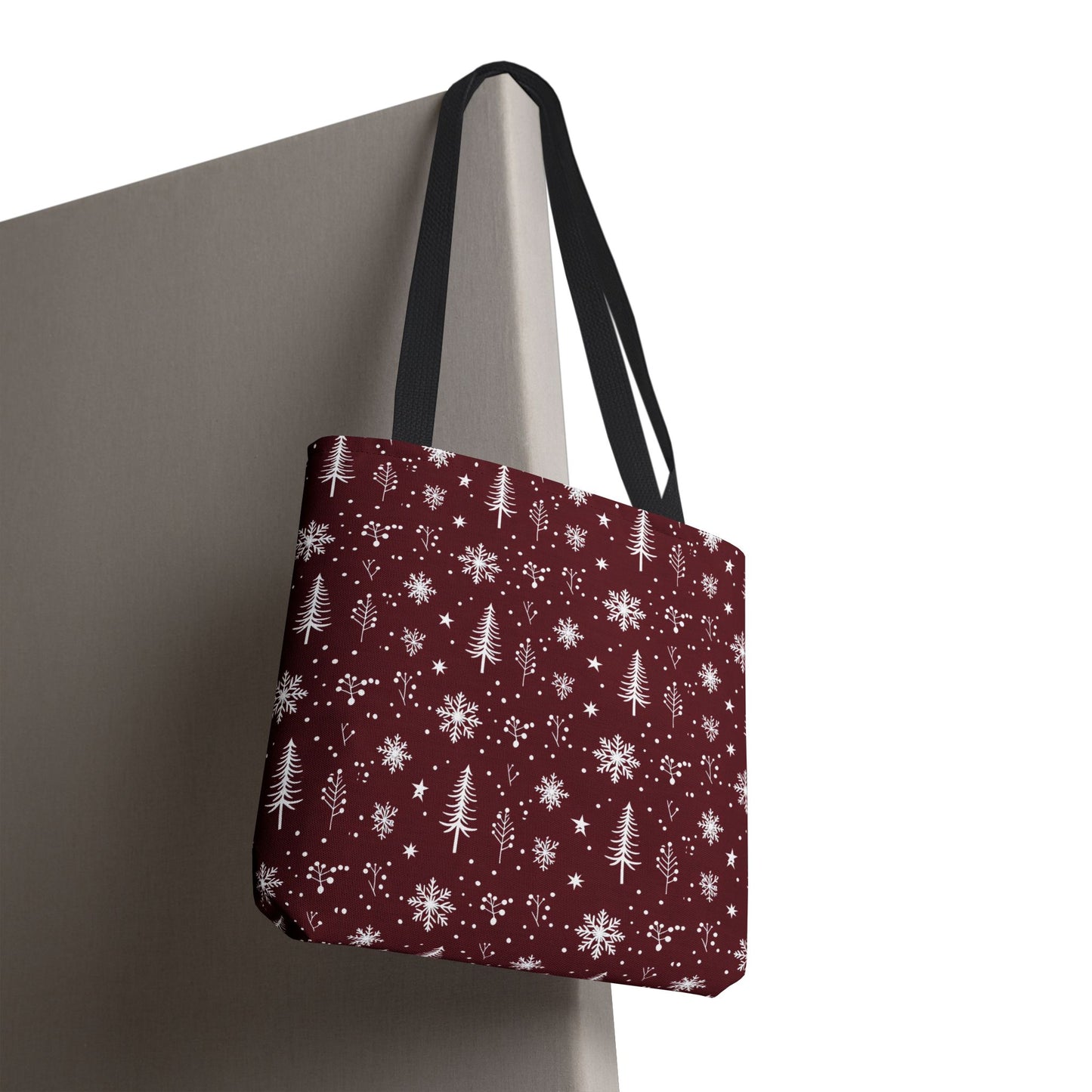 Christmas Snowflake Tote Bag – Burgundy Holiday Patterned Carryall