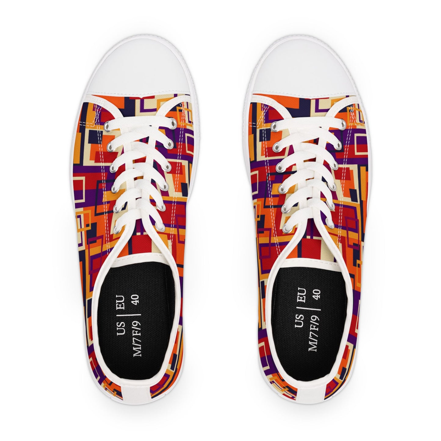 Retro Geometric Women's Low Top Sneakers — Bold Orange & Purple Patchwork Canvas